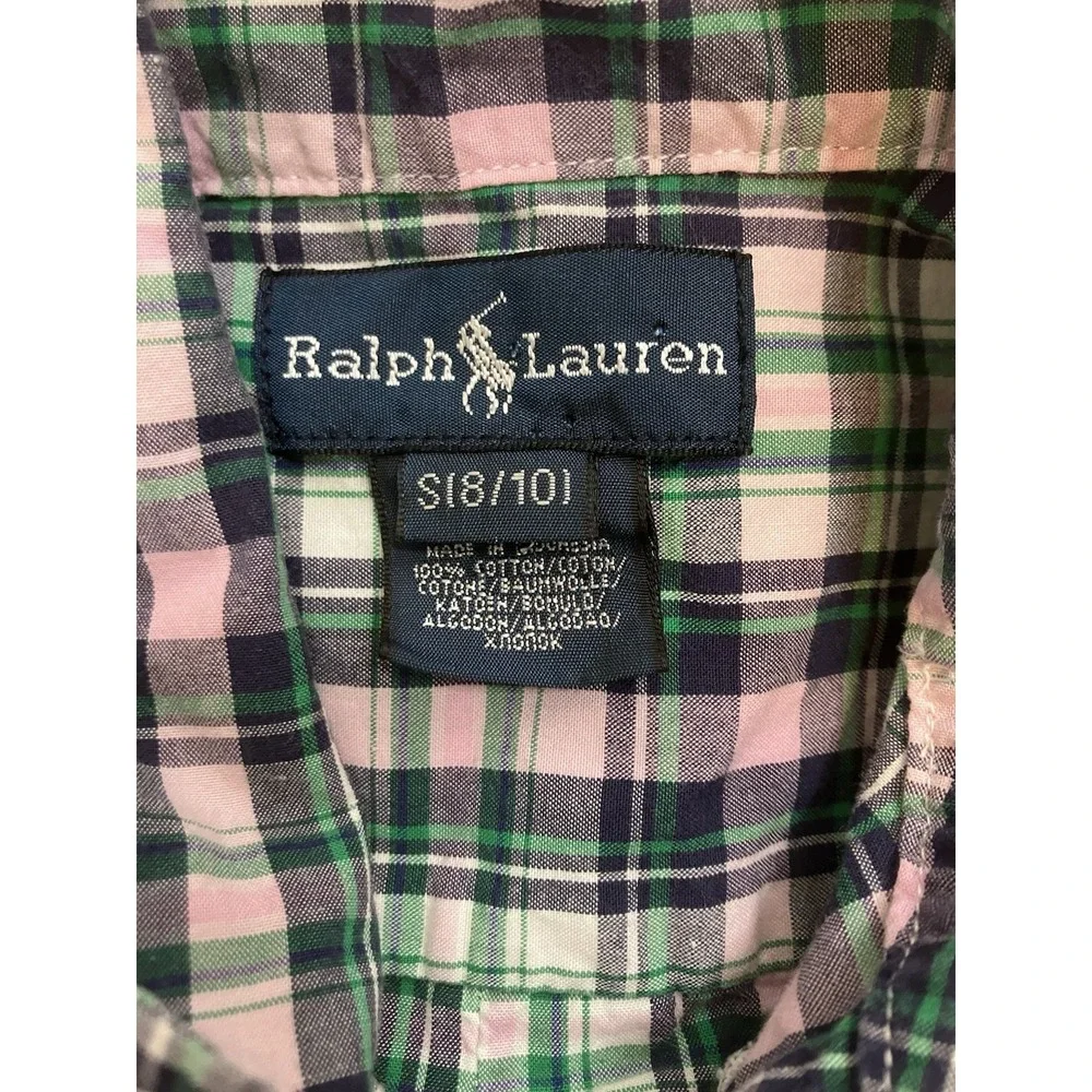 Ralph Lauren Kids‎ Plaid Button Down Shirt Size S Green Pink Navy Short Sleeve